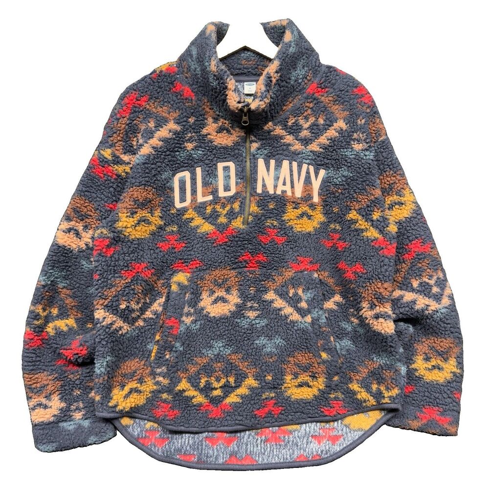 Old Navy Sweatshirt Womens Medium Sherpa Aztec Southwestern Pullover 1/4 Zip